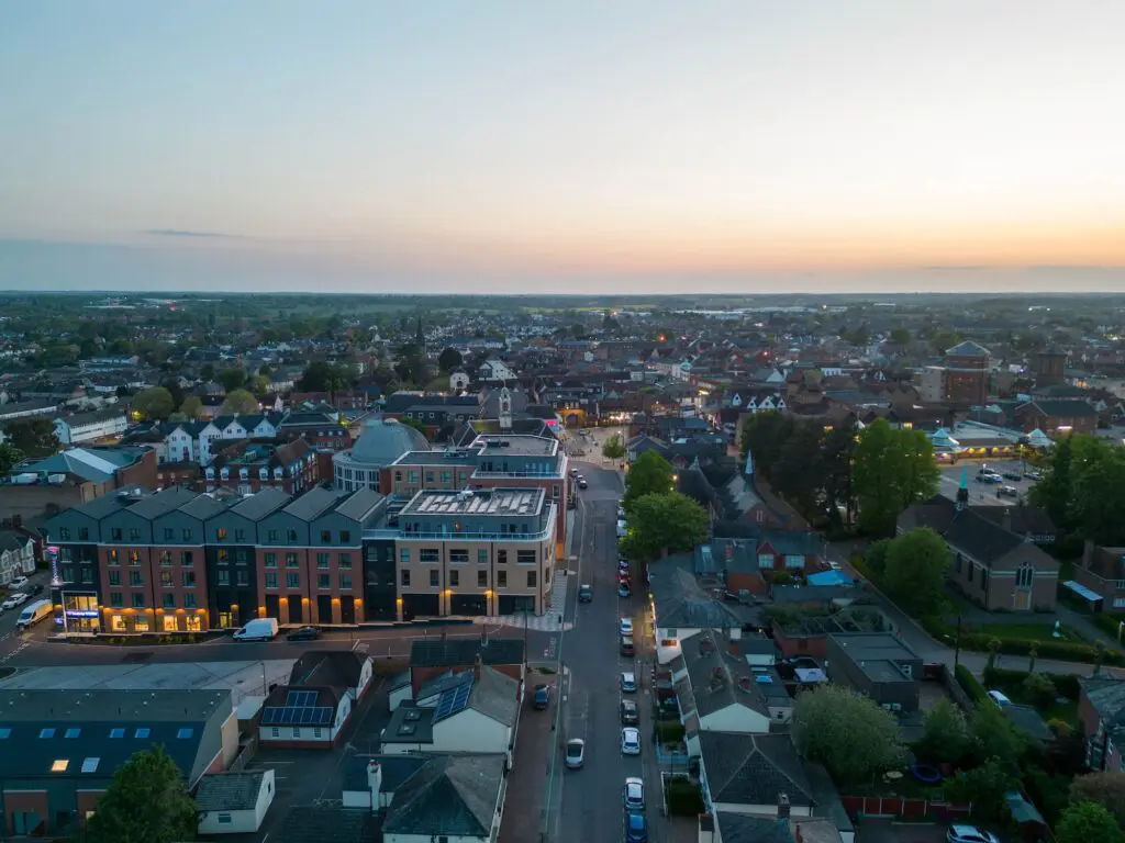 Braintree city during the late evening with street lights on
