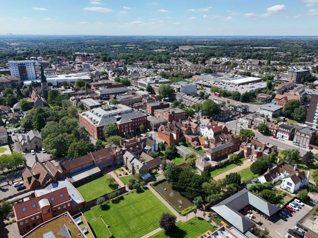 Brentwood, Essex UK Town centre drone Aerial summer