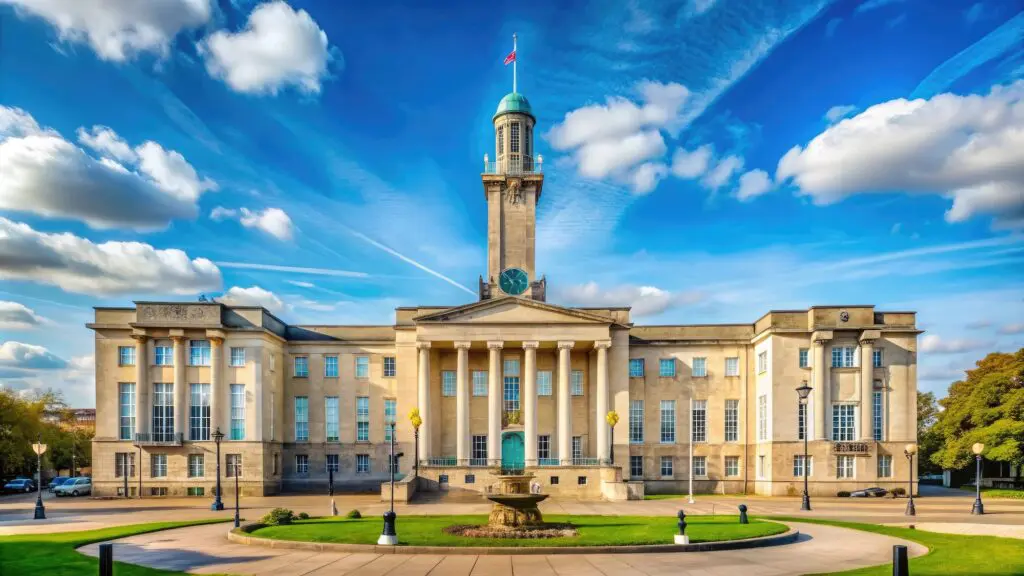 Majestic twin landmarks, Waltham Forest Town Hall and Walthamstow Assembly Hall, showcase stripped classical style architecture in the heart of Walthamstow, London, UK.
